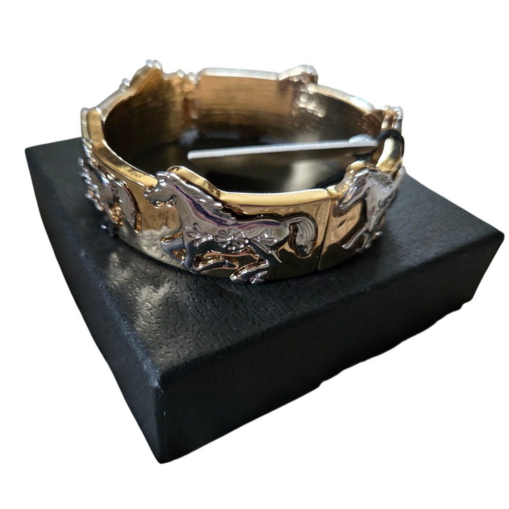 Piper K Two Tone Gold Silver Equestrian Horse Hinged Bangle Bracelet Nickel Free
